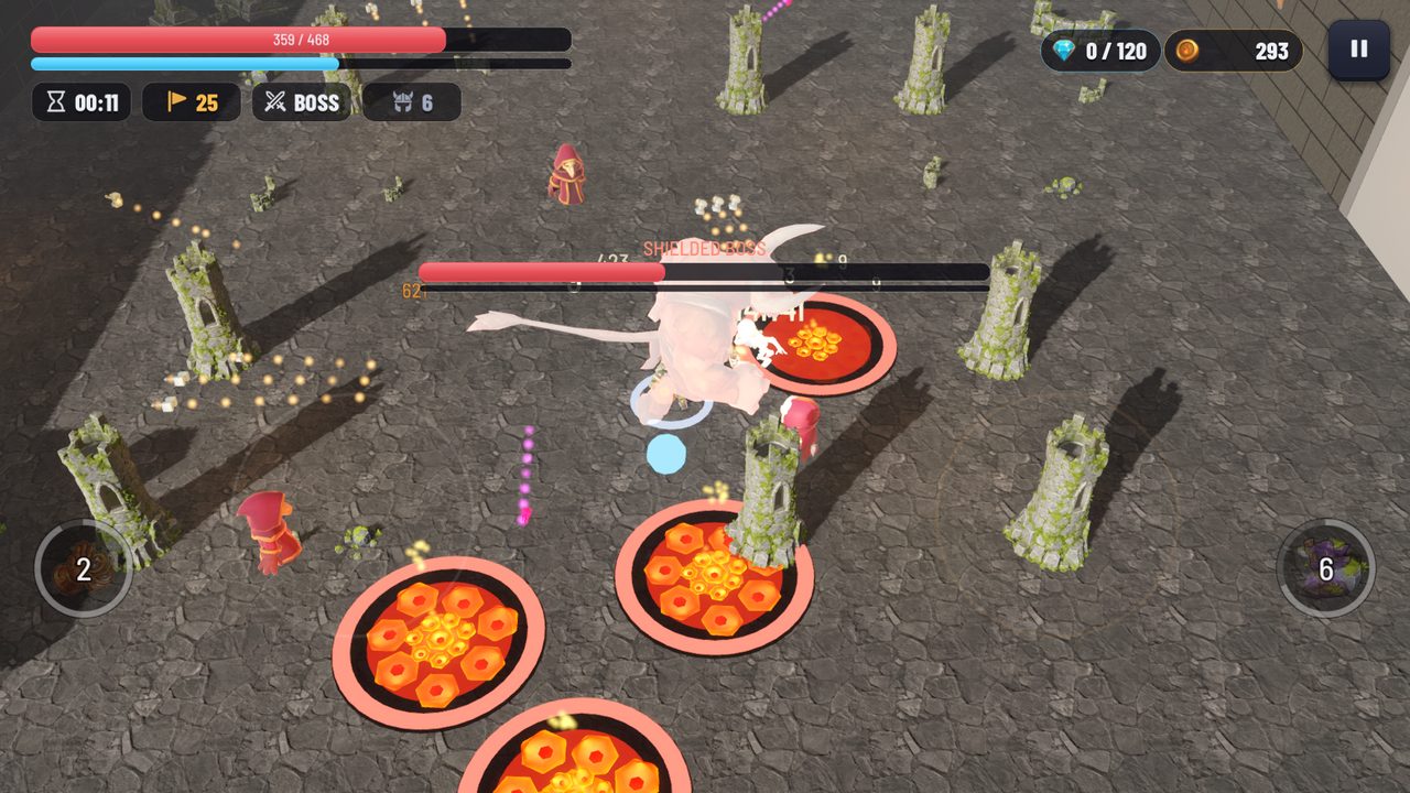 A boss surrounded by lava pools