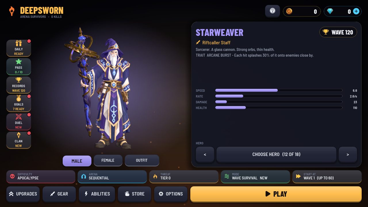 The main menu with a wizard hero and his stats
