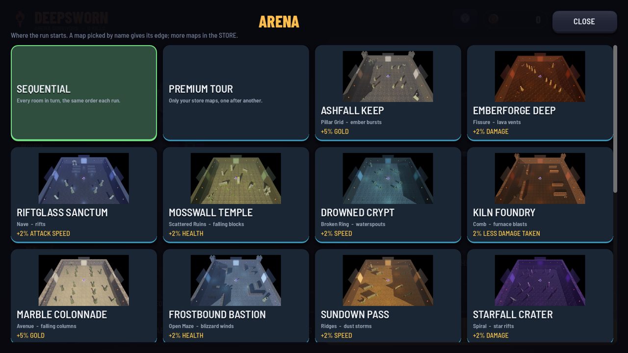 The arena picker showing a dozen different rooms